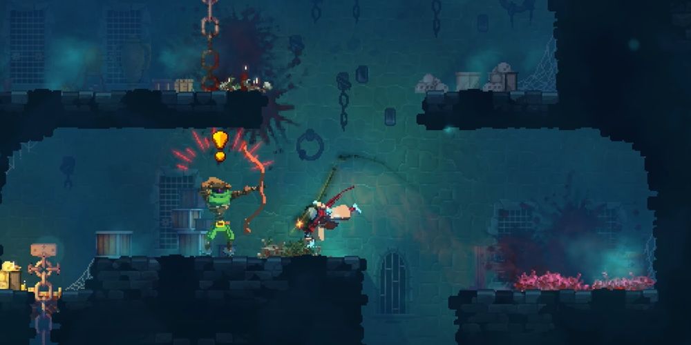 Dead Cells's protagonist rolls under an archer's arrow