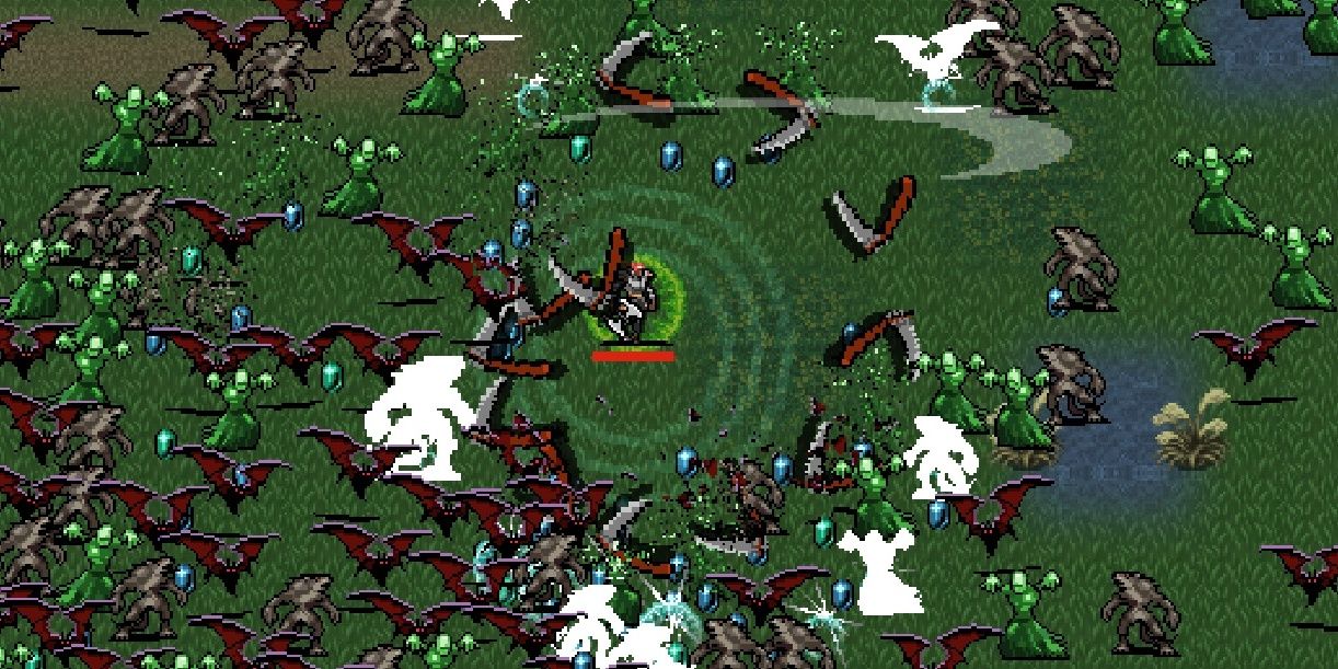 Vampire Survivors screenshot Death Spiral firing a ring of scythes away from player