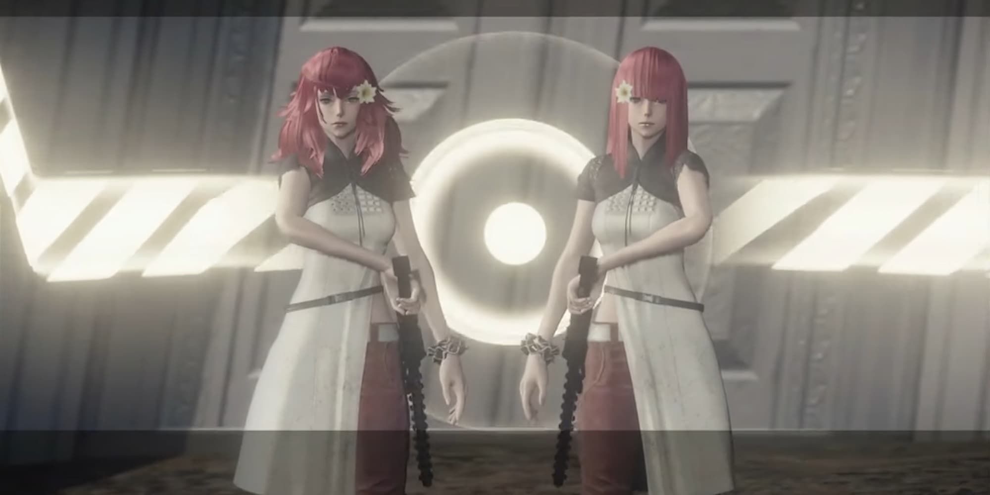 Devola and Popola preparing to fight in front of the tower