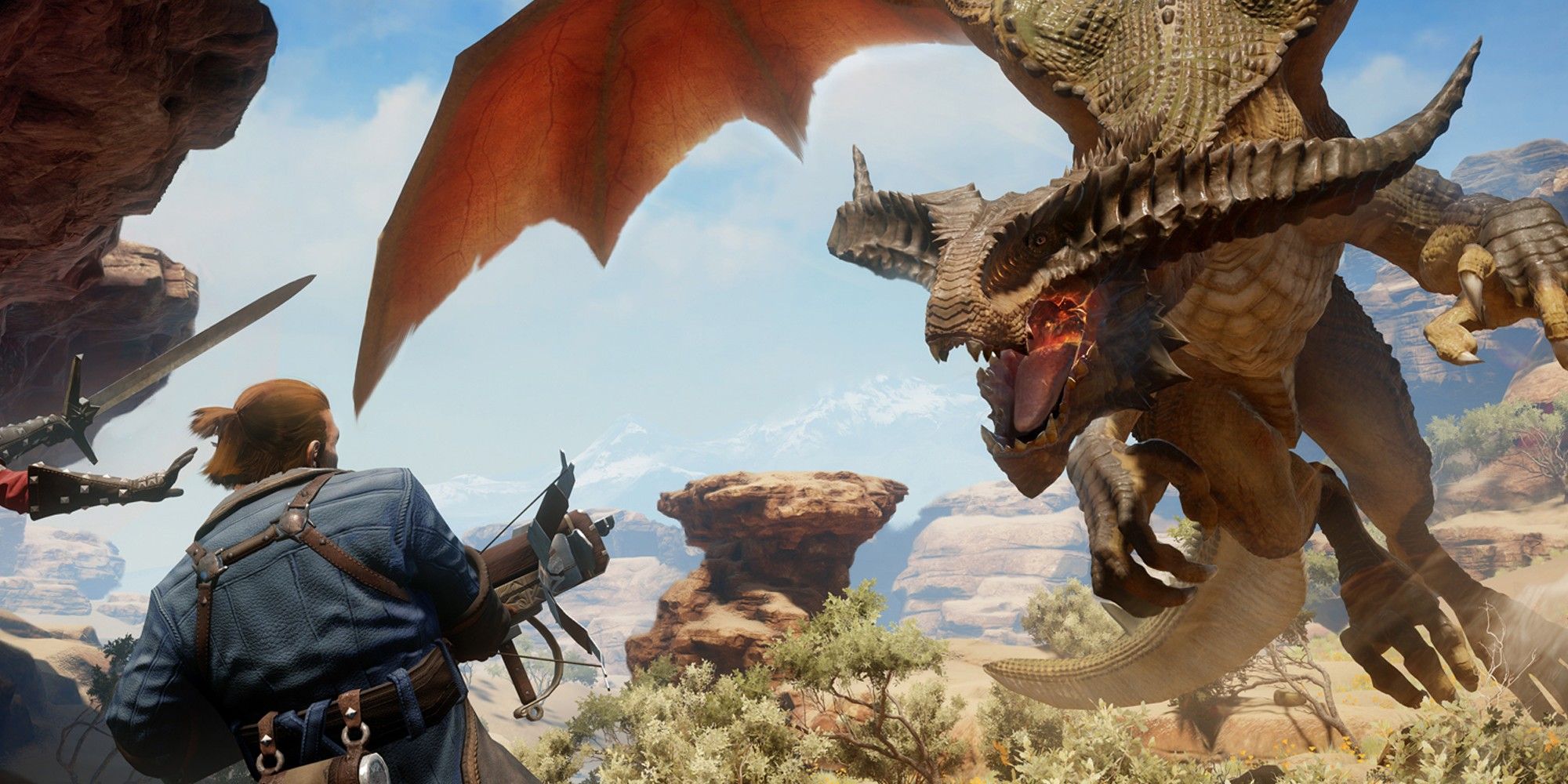 Dragon Age: Inquisition screenshot of a dragon attacking Varric.