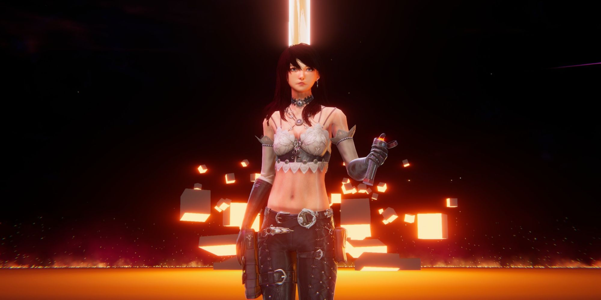 Edge of Eternity Characters a mid shot of the character Fallon who is walking towards the viewer holding a device in her right hand with an explosion happening in the background