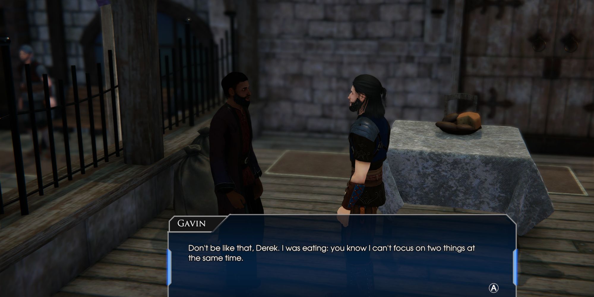 Edge of Eternity Characters a wide shot of the characters Gavin & Derek talking to each other with Gavin's dialogue featured in a text box at the bottom