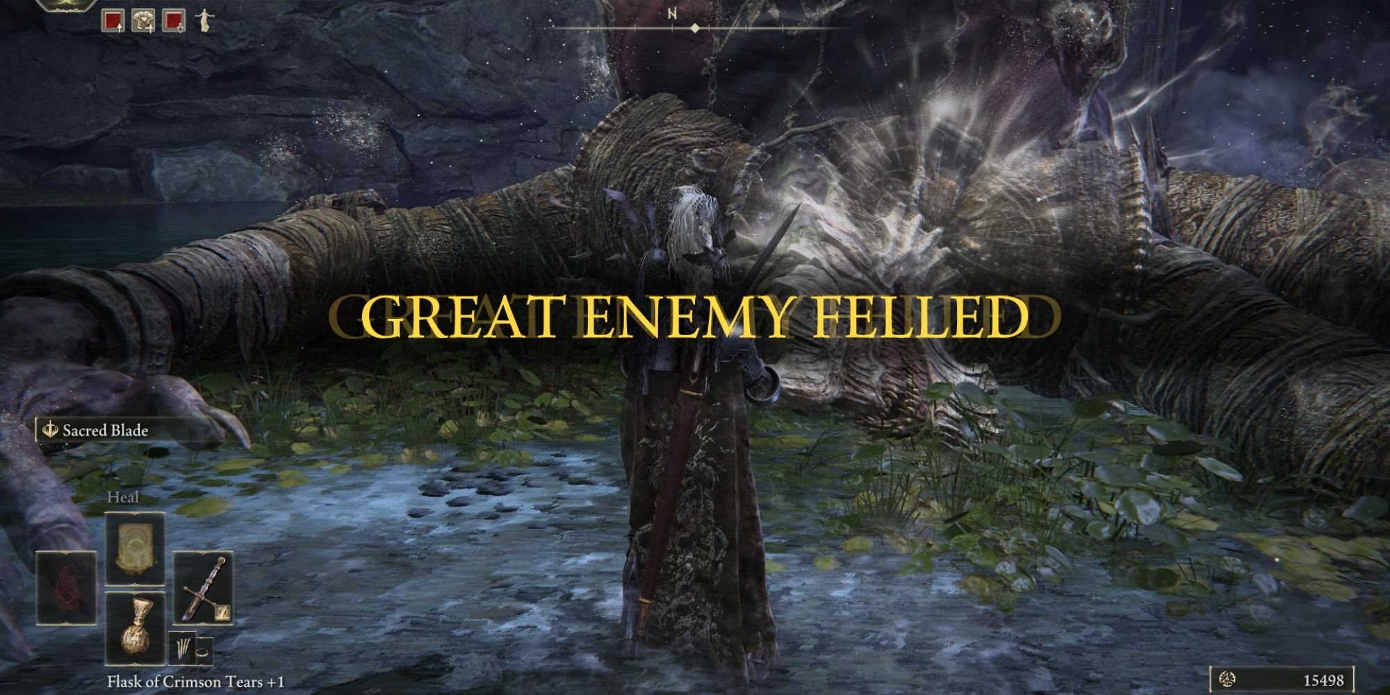 The player character defeating the Dragonkin Soldier in Elden Ring