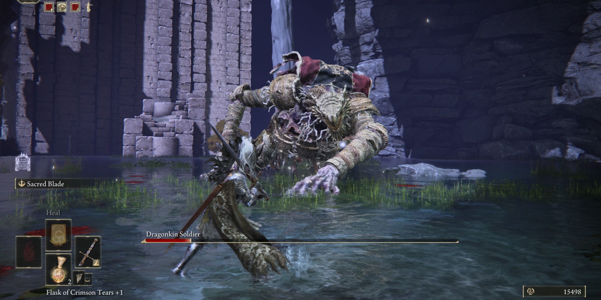The player character squaring off against the Dragonkin Soldier in Elden Ring