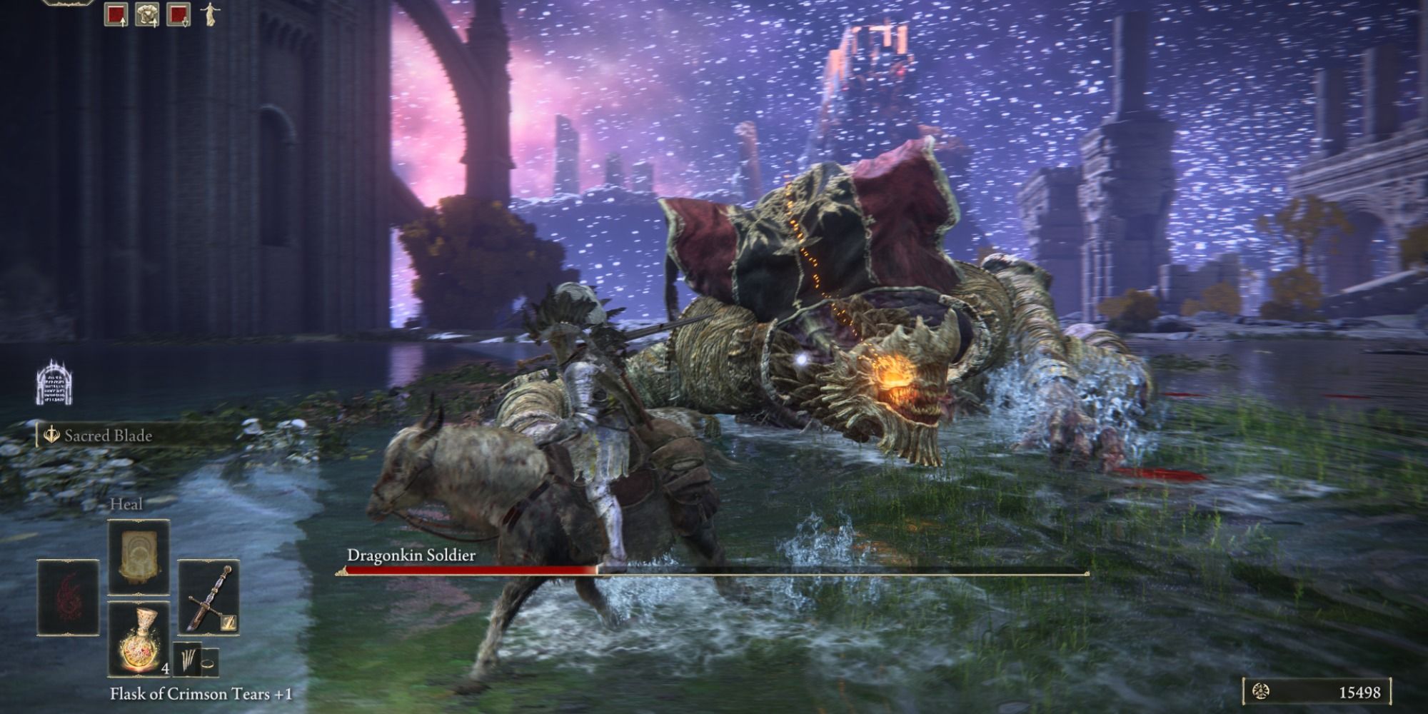 The player character battling the Dragonkin Soldier boss on Torrent in Elden Ring