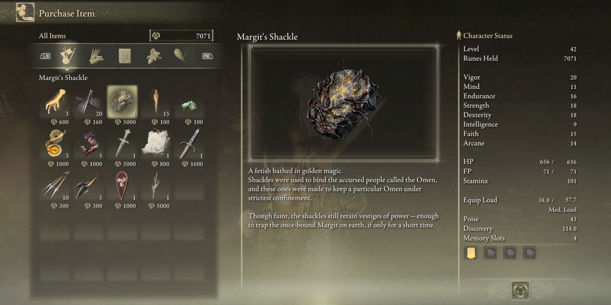 Margit's Shackle item and description in Elden Ring.