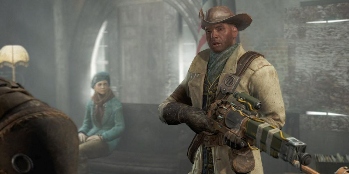 Preston Garvey holding a laser musket in Fallout 4