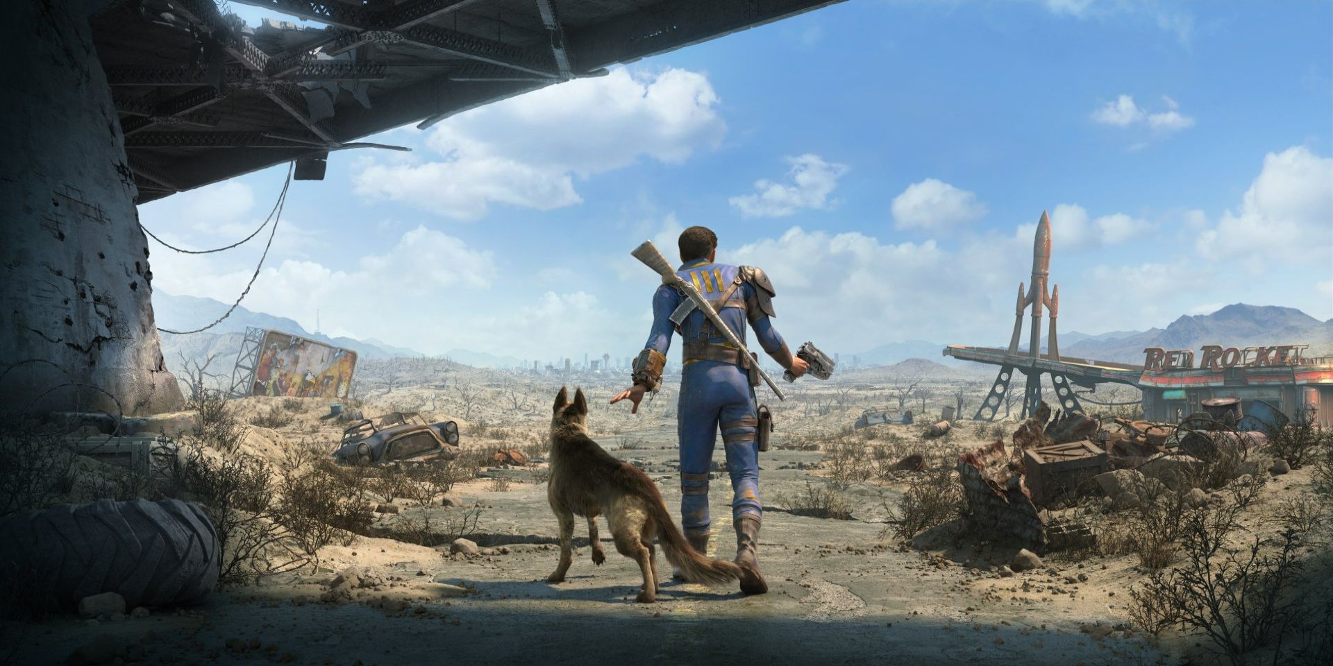 The Sole Survivor walking Dogmeat in Fallout 4