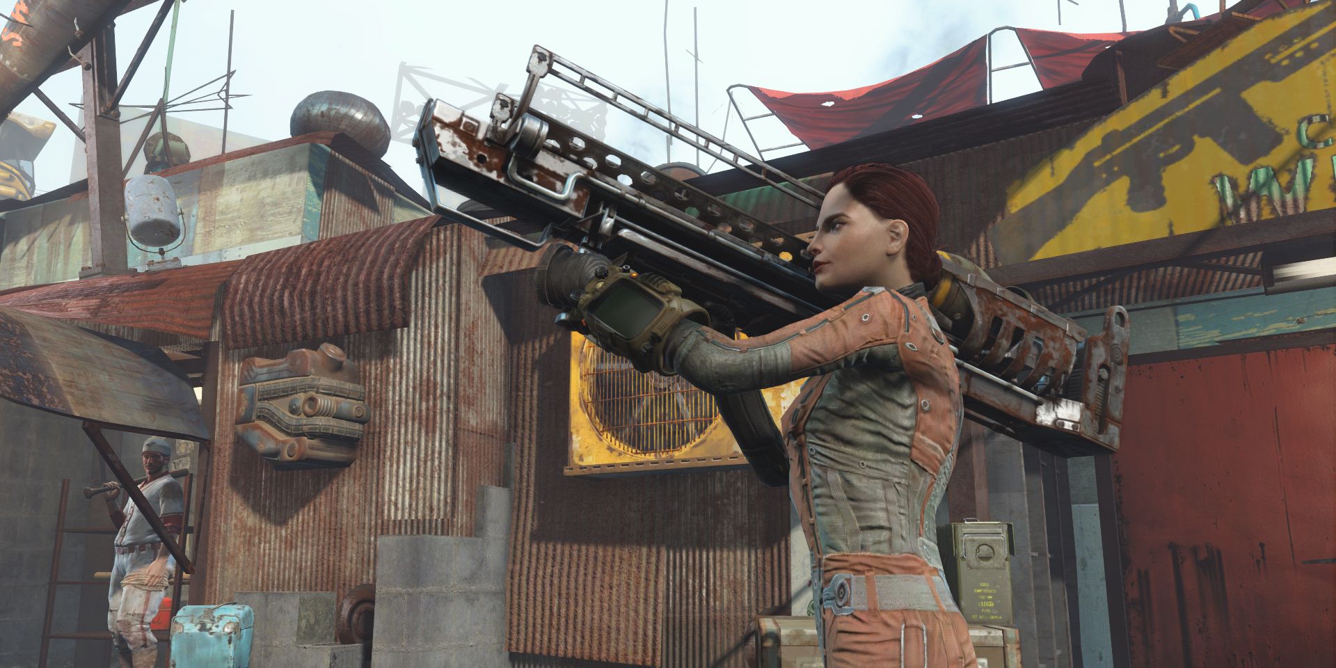 The Sole Survivor holding a unique weapon in Fallout 4