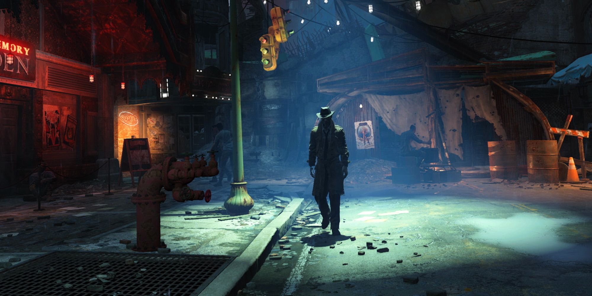 Fallout 4 detective. Nighttime, neon lights, character spotlights.