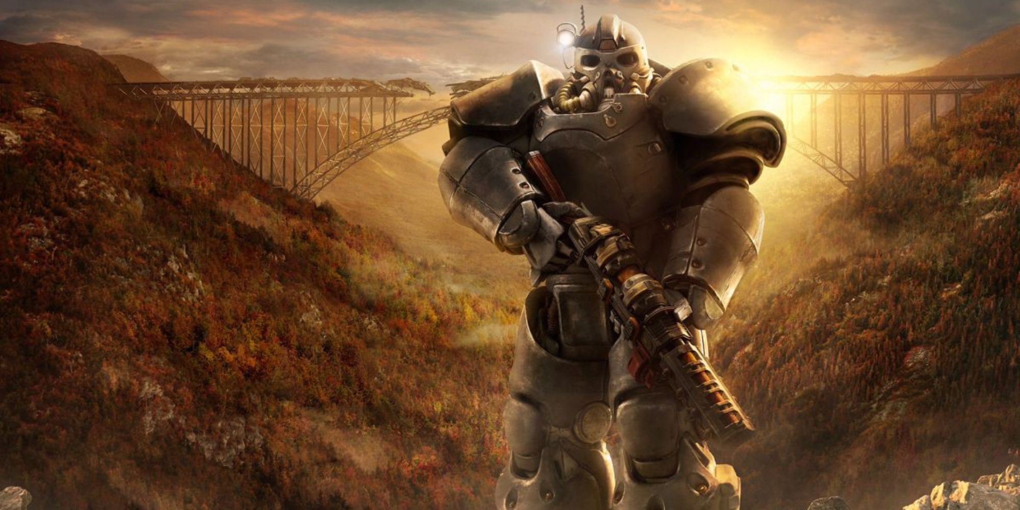 A person in Power Armor walks forward with a massive gun in hand and a sunset in the background.