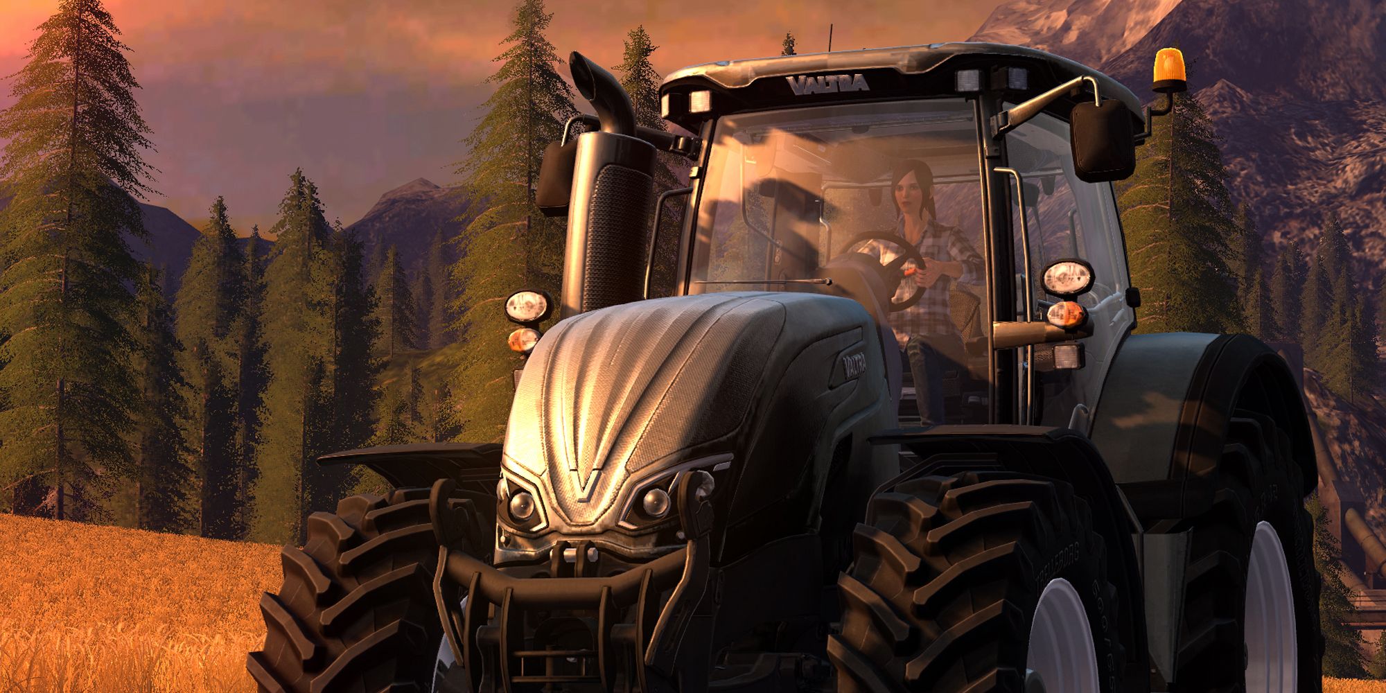 Farming Simulator 17 tractor on the field. Sunset over the horizon in the background.