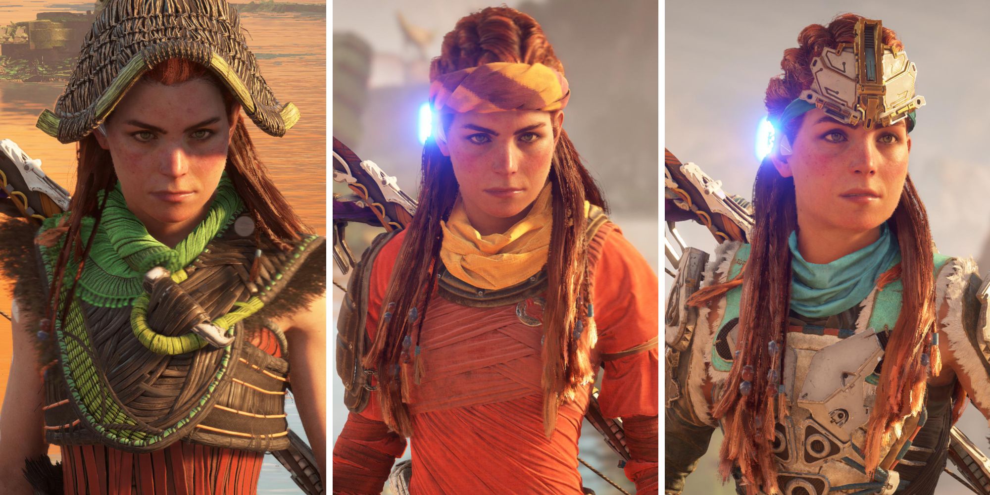 Horizon Forbidden West split image. Aloy wearing three different outfits.