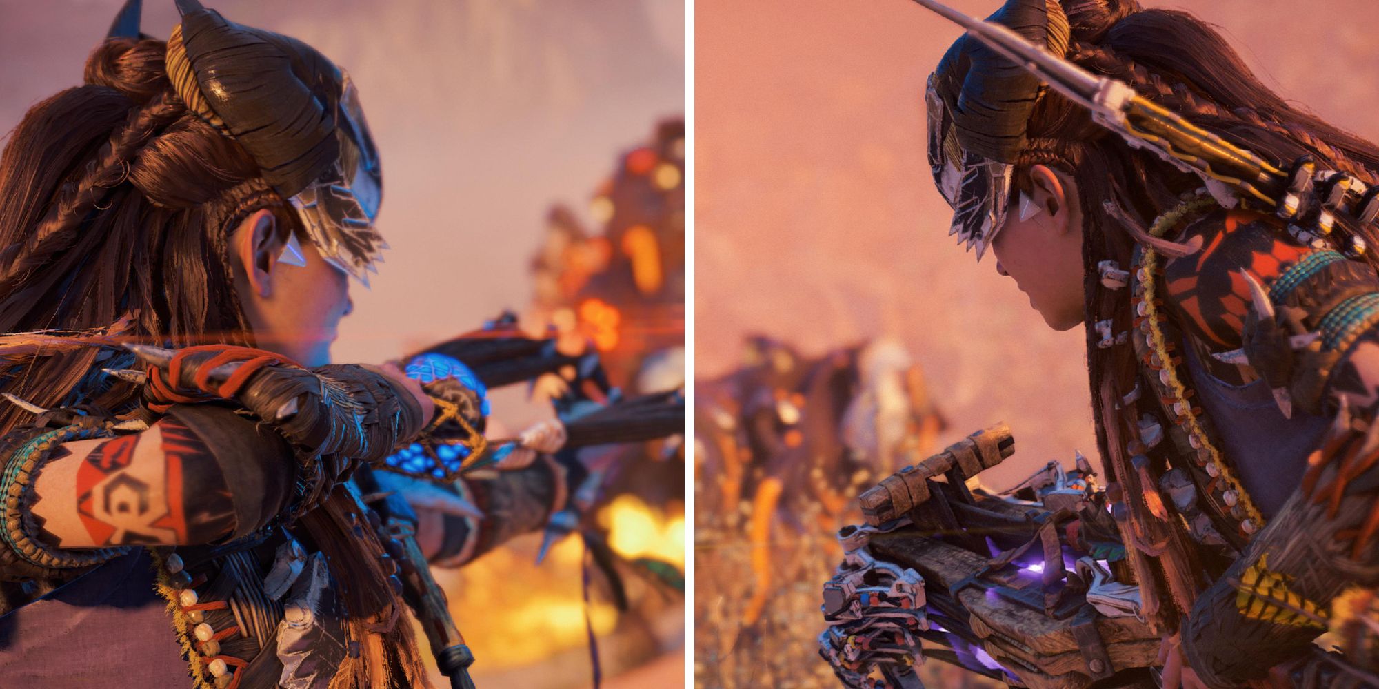 Horizon Forbidden West split image. Aloy fighting machines.