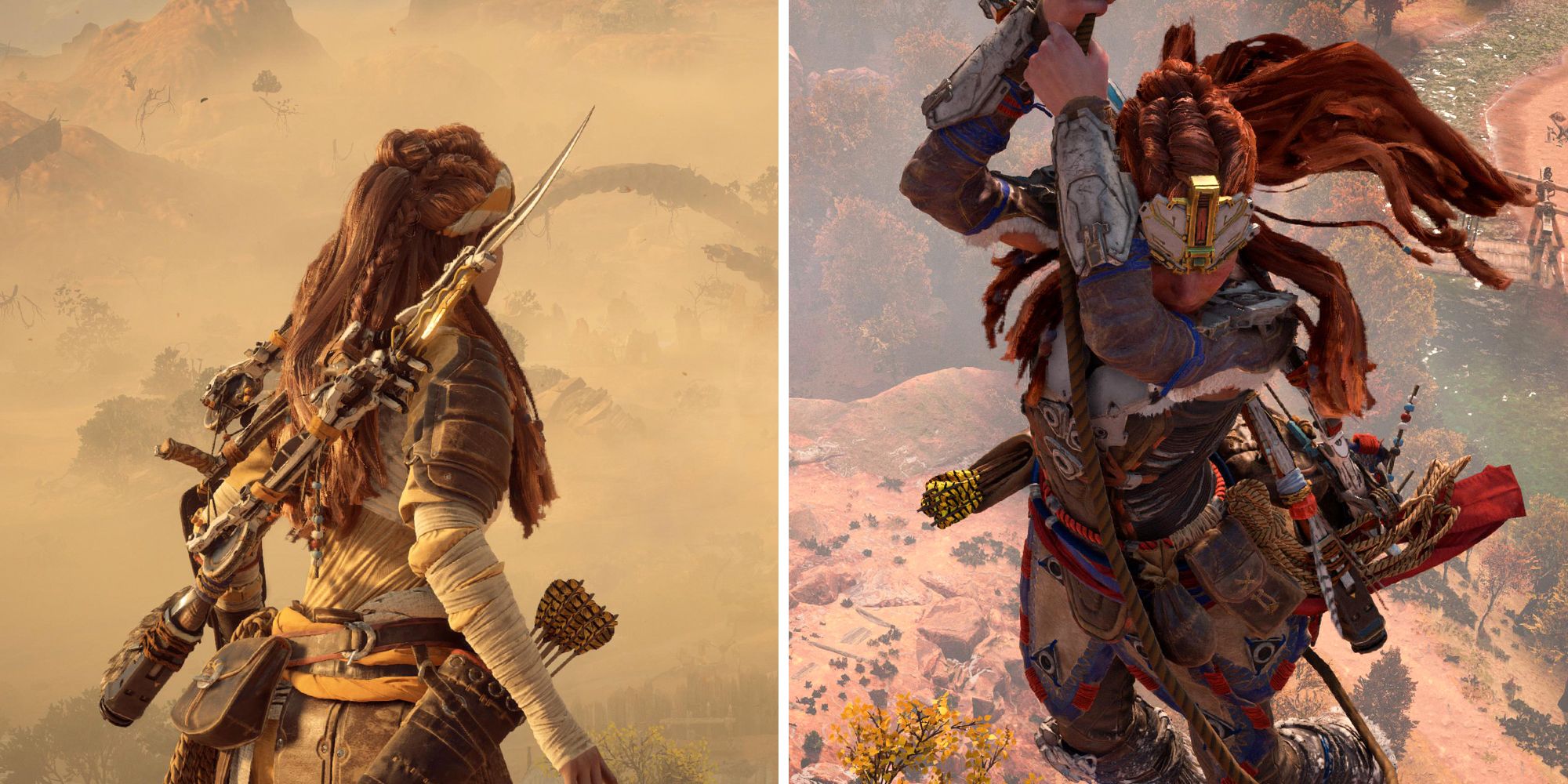 Horizon Forbidden West split image. Aloy looking over at the land below and Aloy grappling down.