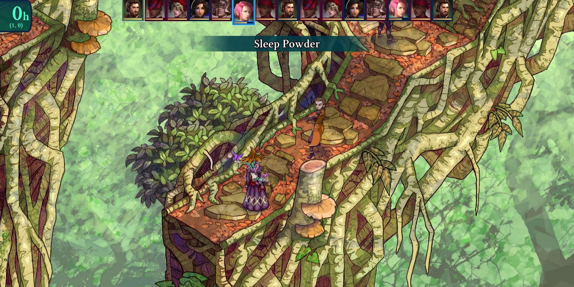 A screenshot from Fell Seal: Arbiter's Mark, showing a character casting sleeping spells on an enemy in a lush forest