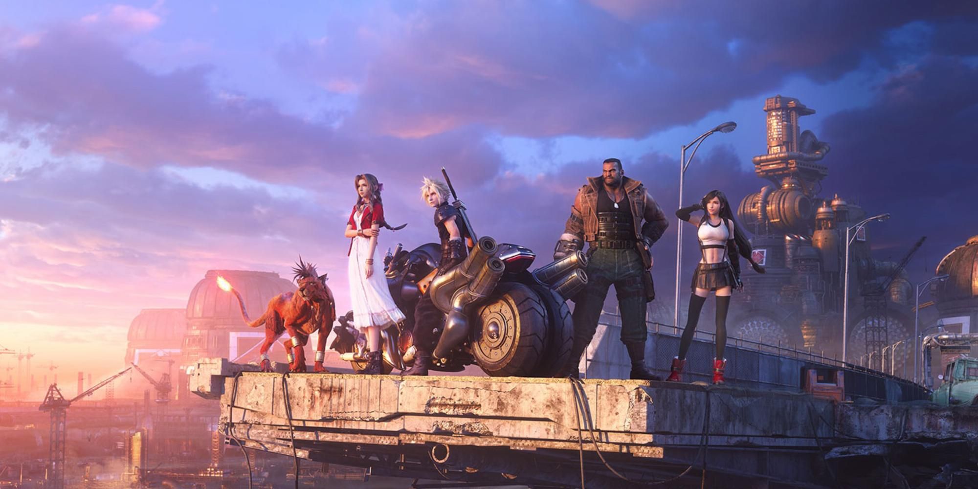 Promo shot from Final Fantasy 7 Remake featuring Cloud, Tifa, Barrett, Red 13, and Aerith