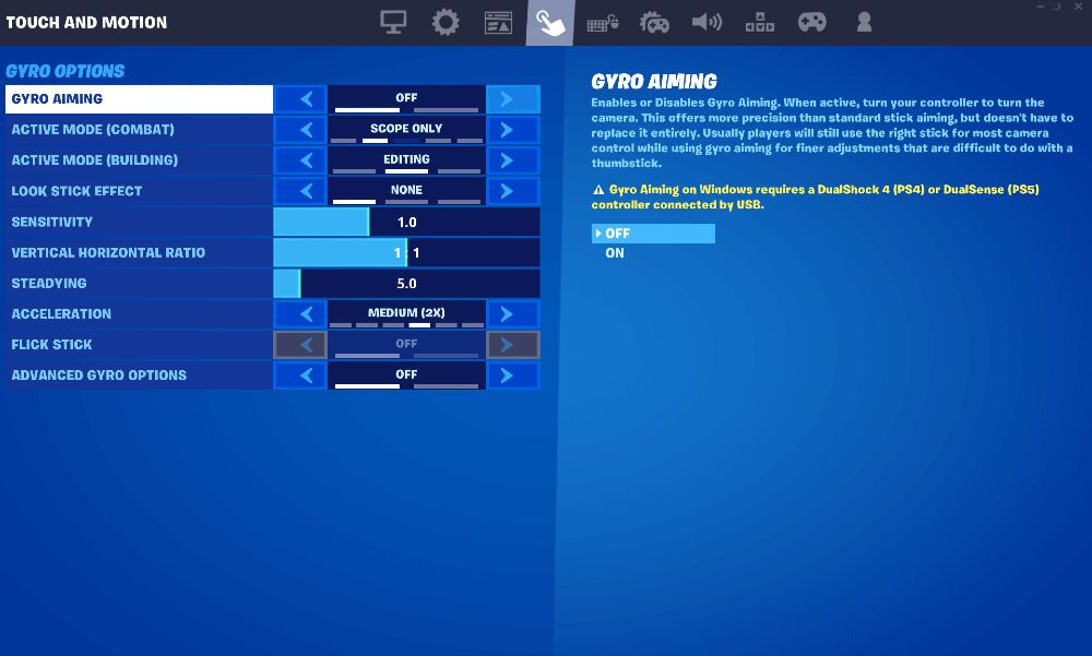 The Gyro Controls Menu In Fortnite