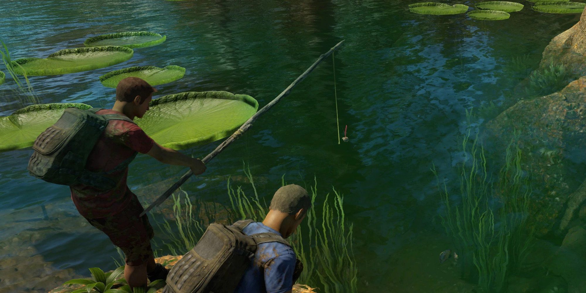 Green Hell Vegan! achievement image shows characters fishing