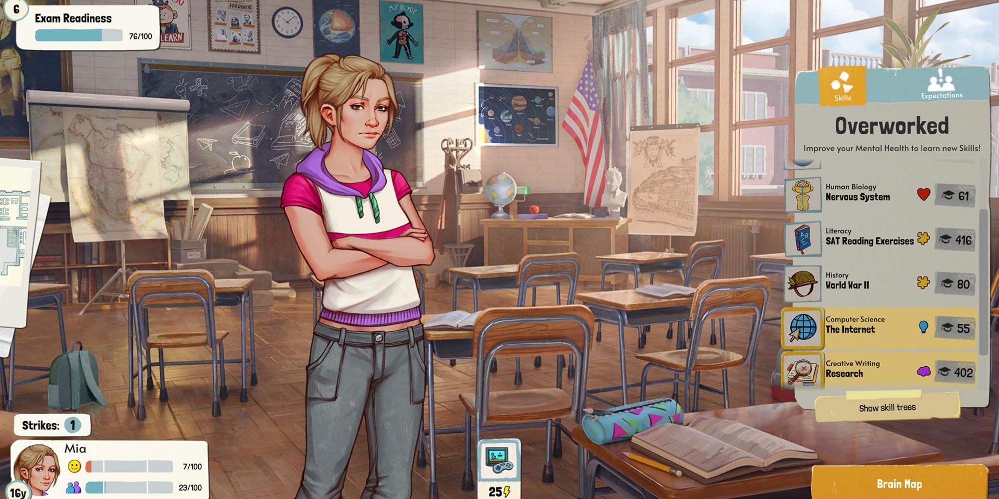 Female character standing in a classroom.
