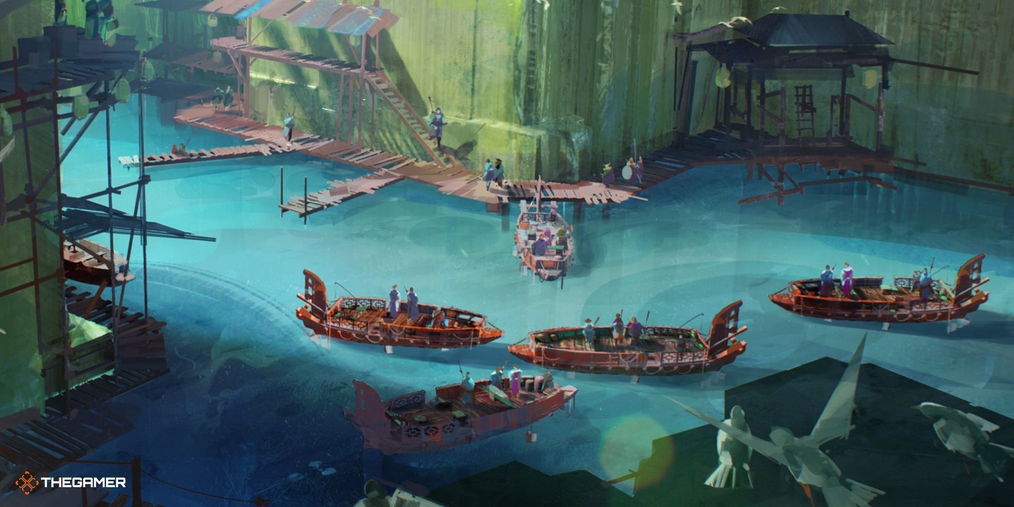 Guild Wars 2 End of Dragons - concept arts of people fishing on skiffs