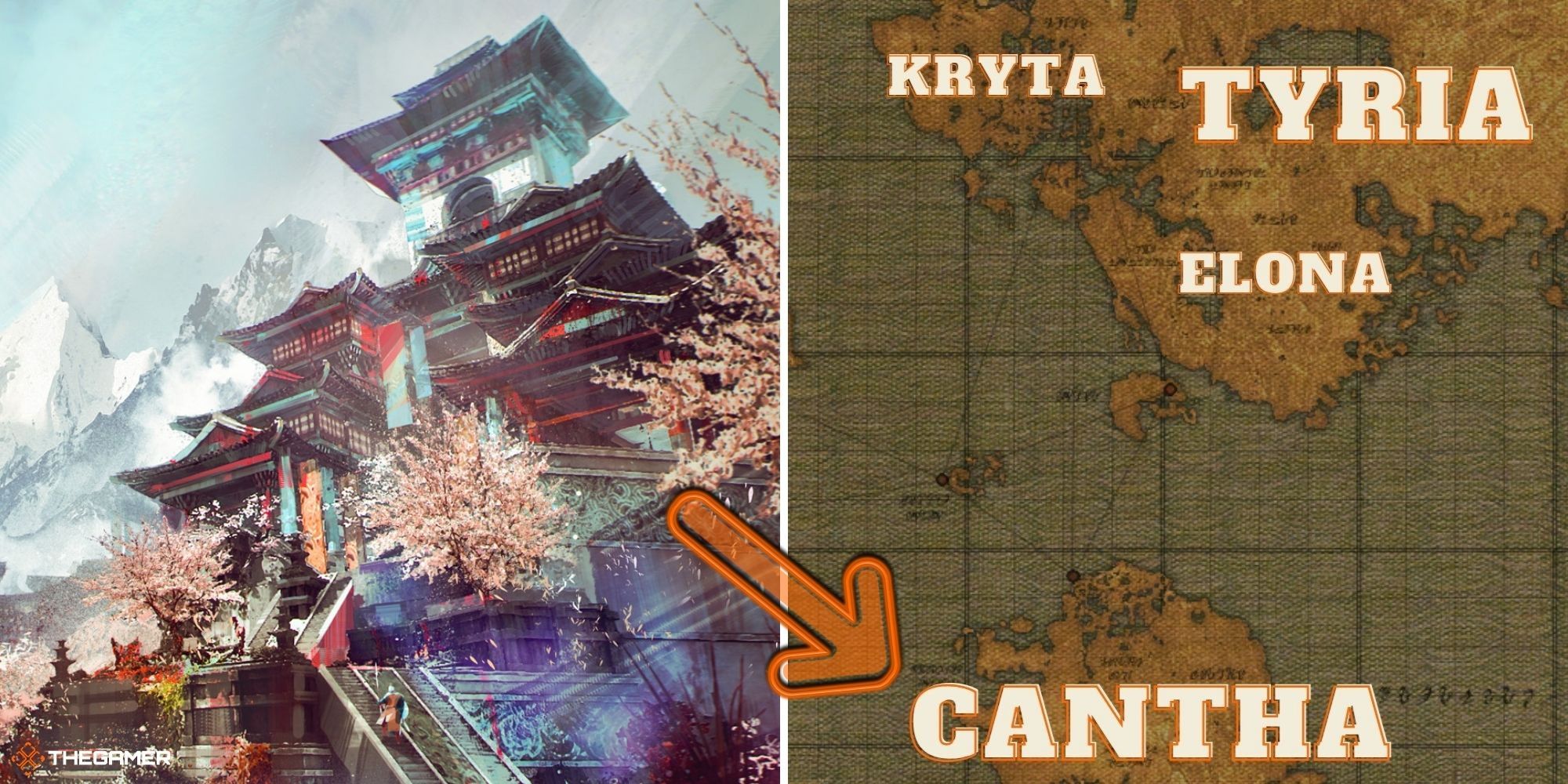 Guild wars 2 end of dragons - map of tyria labelled on right, cantha concept art on right