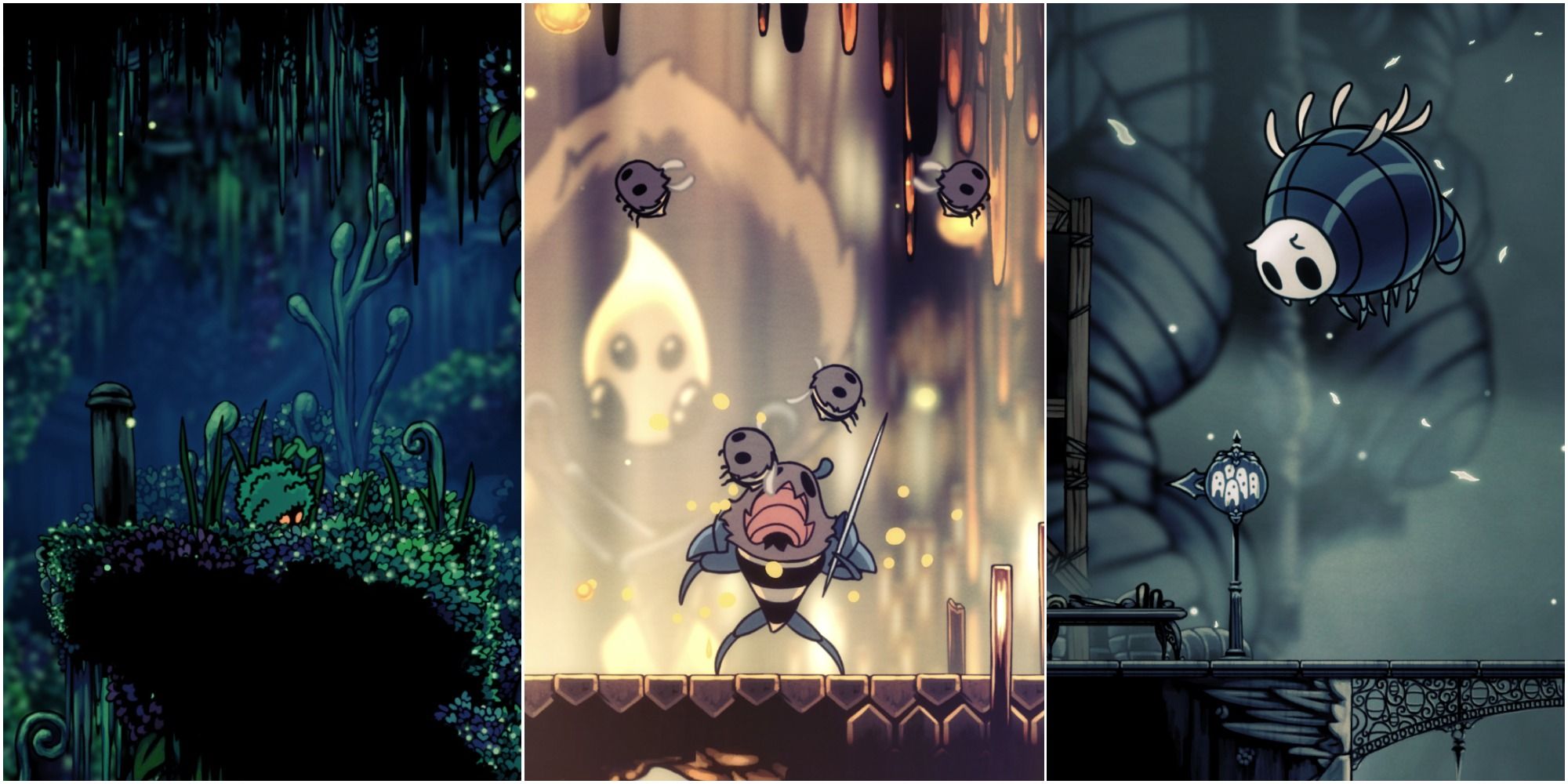 Hollow Knight split image screenshots, Mosscreep, Hiveling and Boofly.