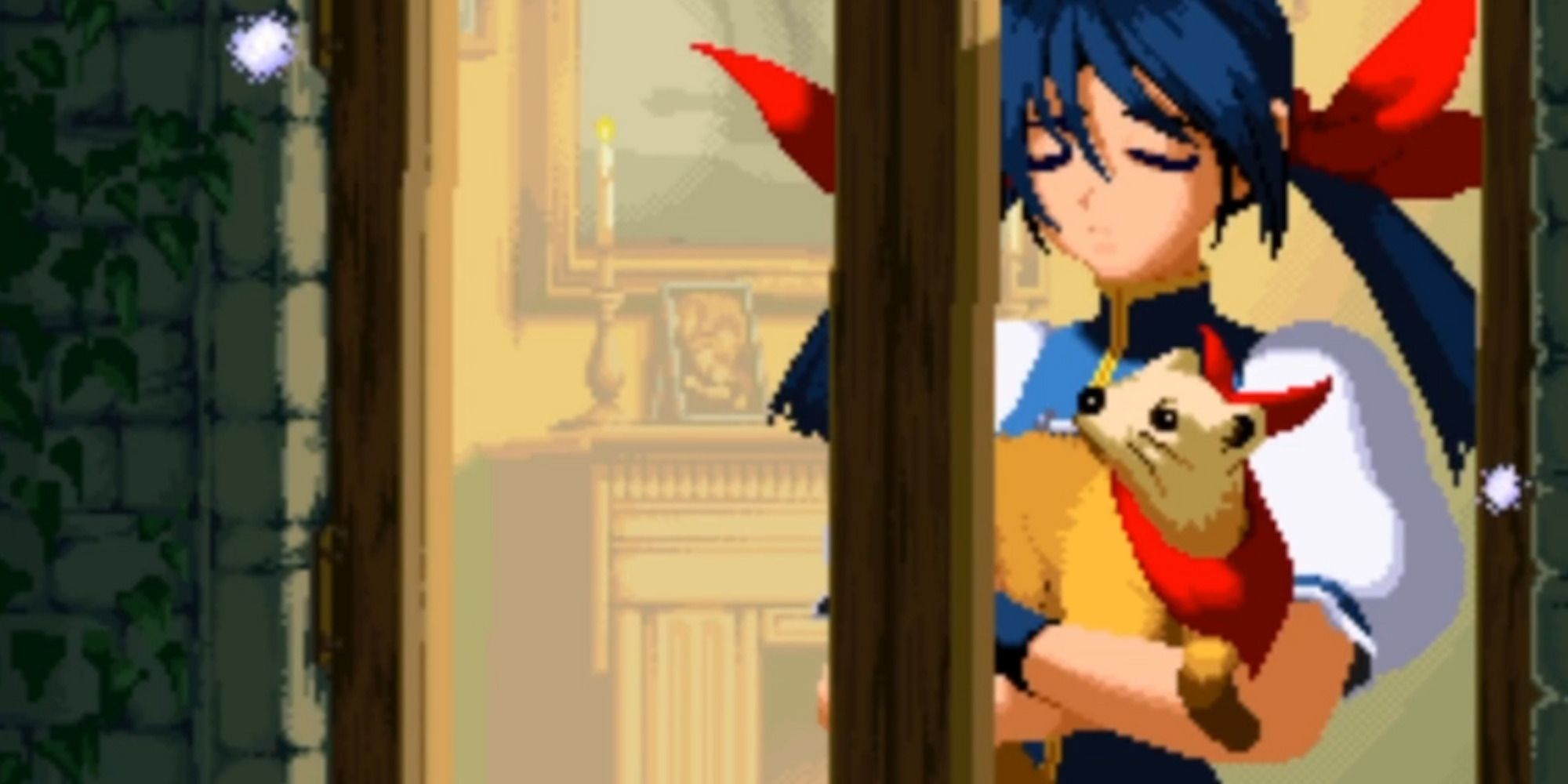 Hotaru closing her eyes, looking concerned, holding her ferret Itokatsu