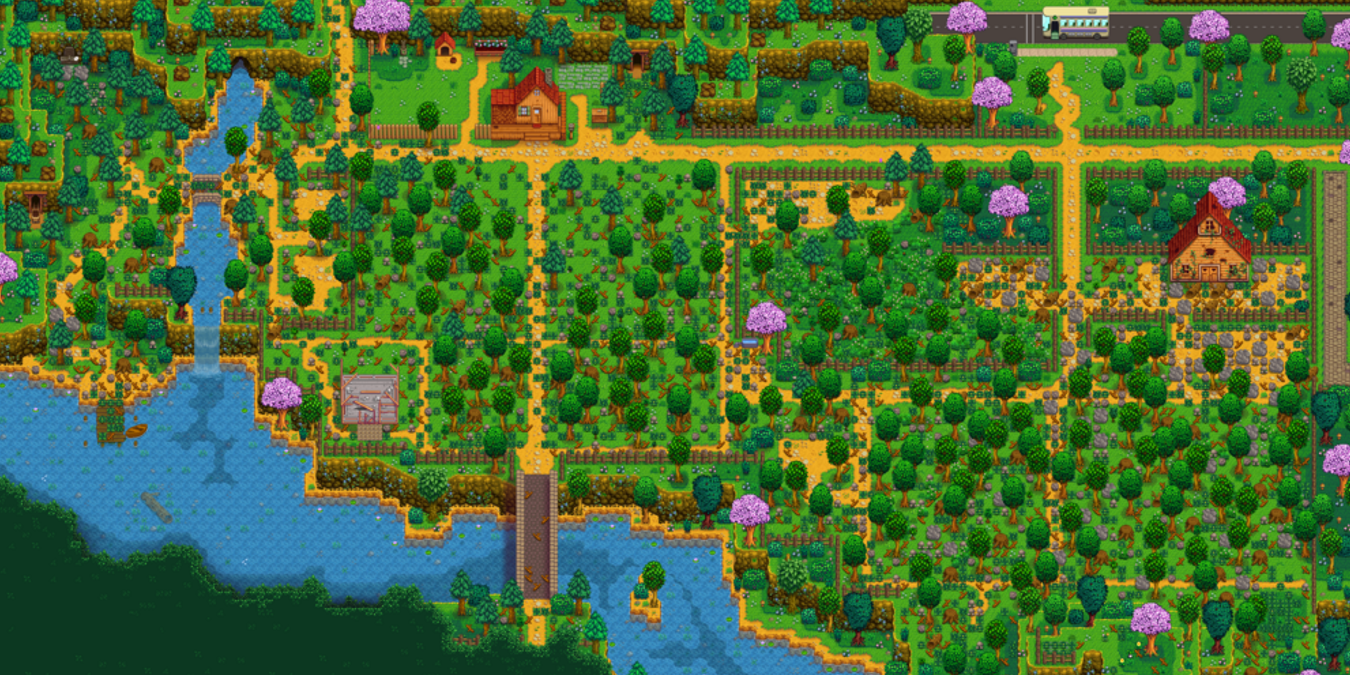 A bird's eye view of the massive Immersive Farm 2 Remastered Map that is part of Stardew Valley Expanded