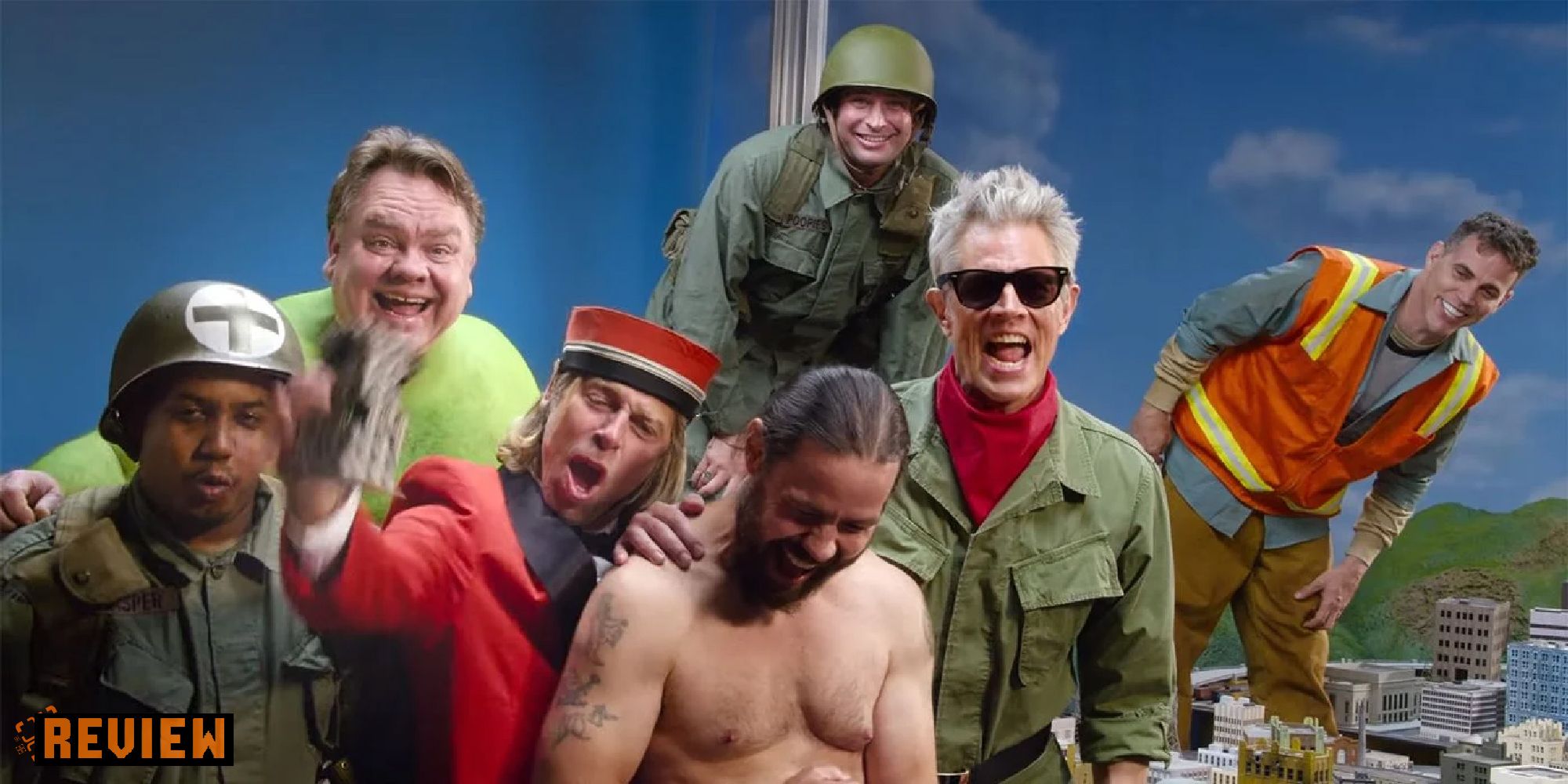 Jackass Forever review - several of the cast are present, knoxville, steve-o, dave england, jasper dolphin, chris pontius, and preston lacy (and one i don't recognise)