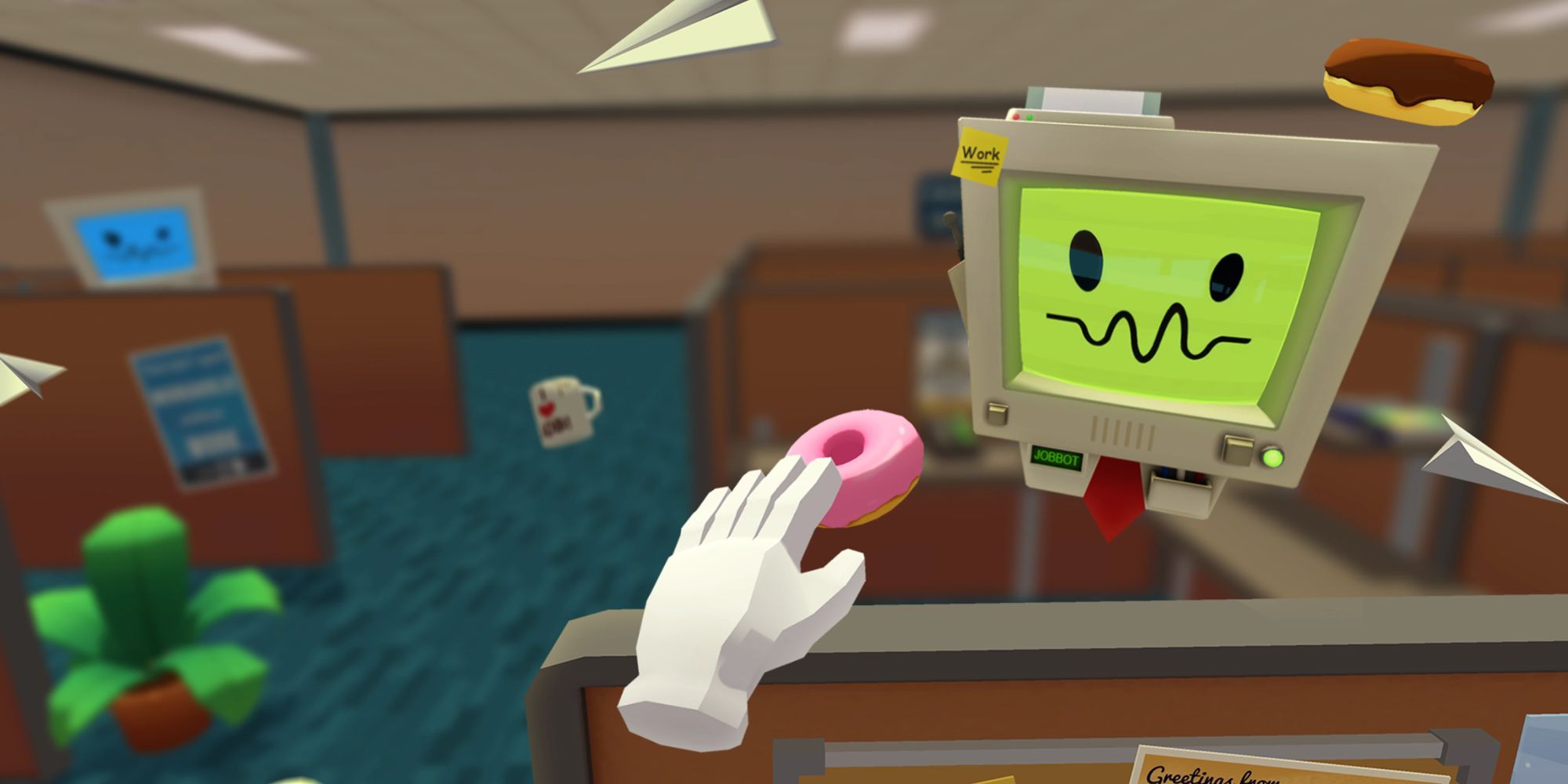 Job Simulator Character Holding A Donut In An Office