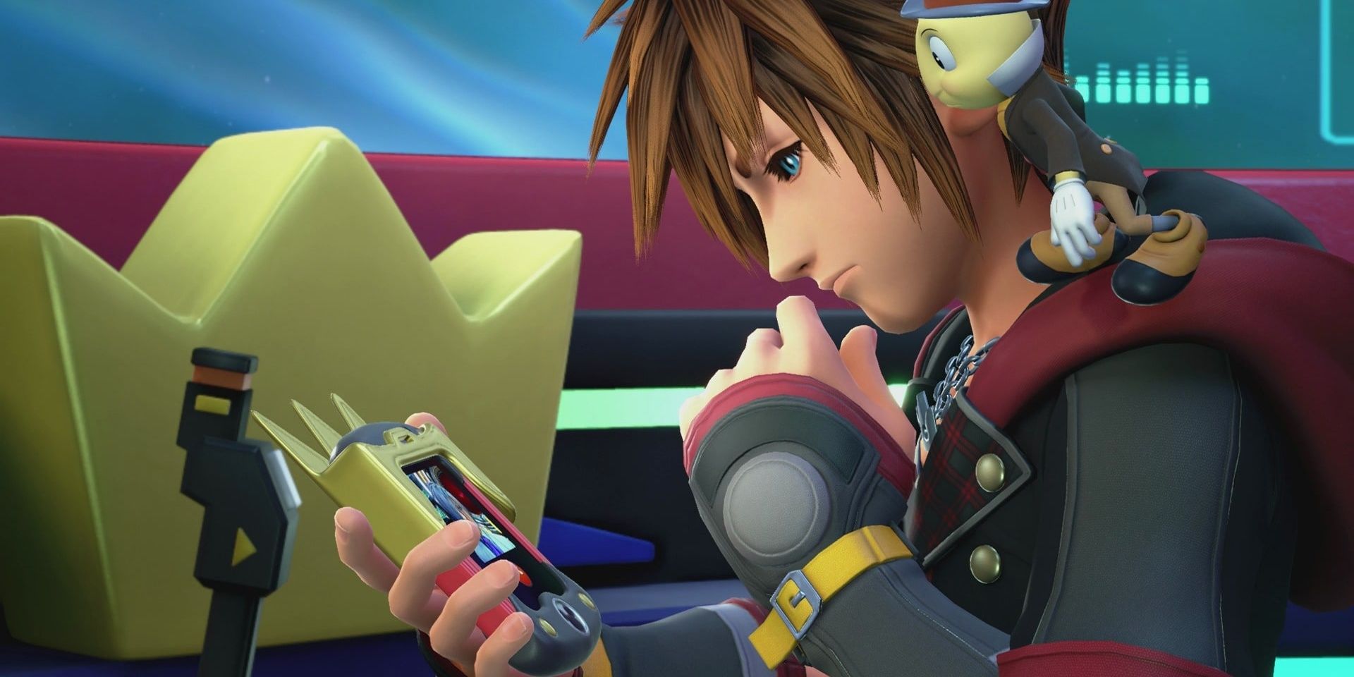 Sora using the Gummi Phone with Jiminy Cricket on his shoulder