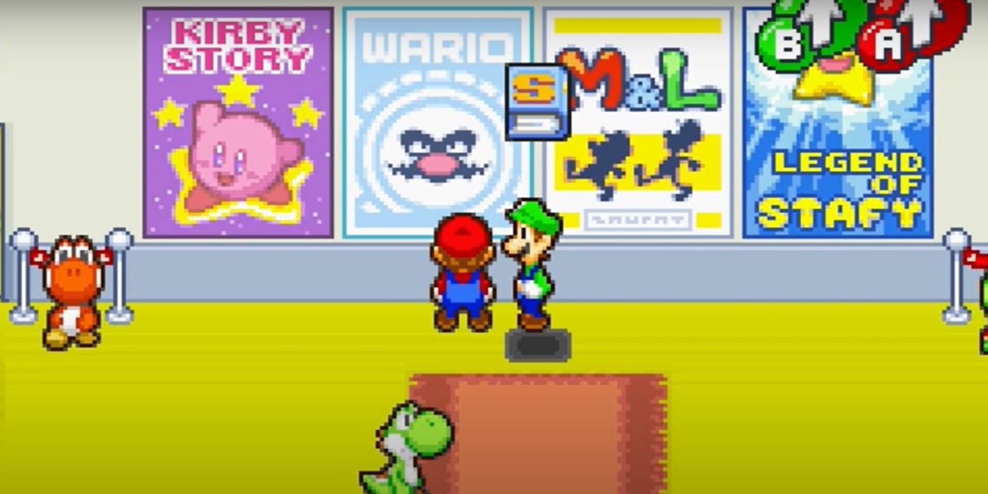 Mario and Luigi Looking at a Kirby Poster in Mario & Luigi Superstar Saga