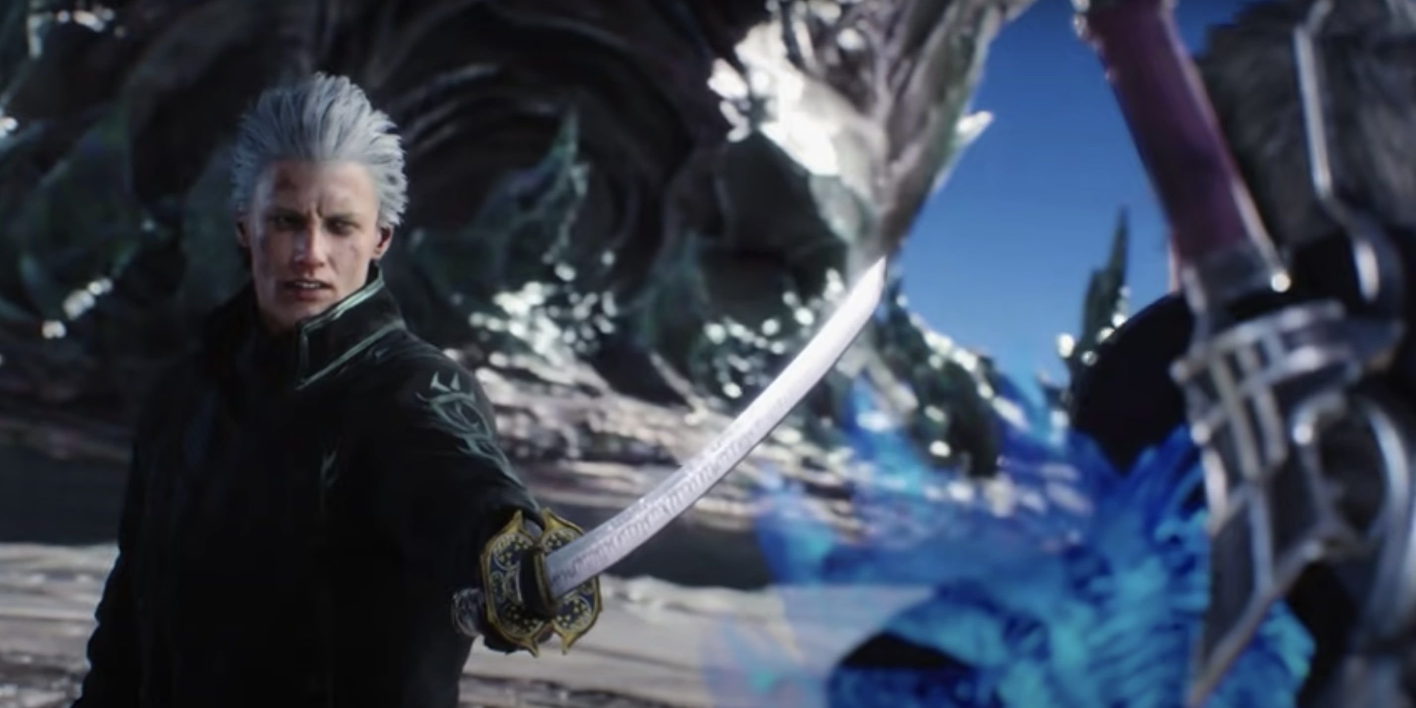 Cutscene of Nero holding his sword up 