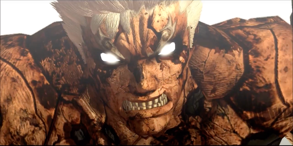 Asura from Asura's Wrath grinds his teeth spattered with blood