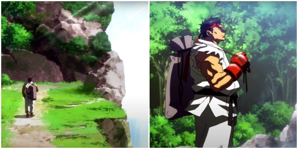  Ryu from Street Fighter walks beside a waterfall