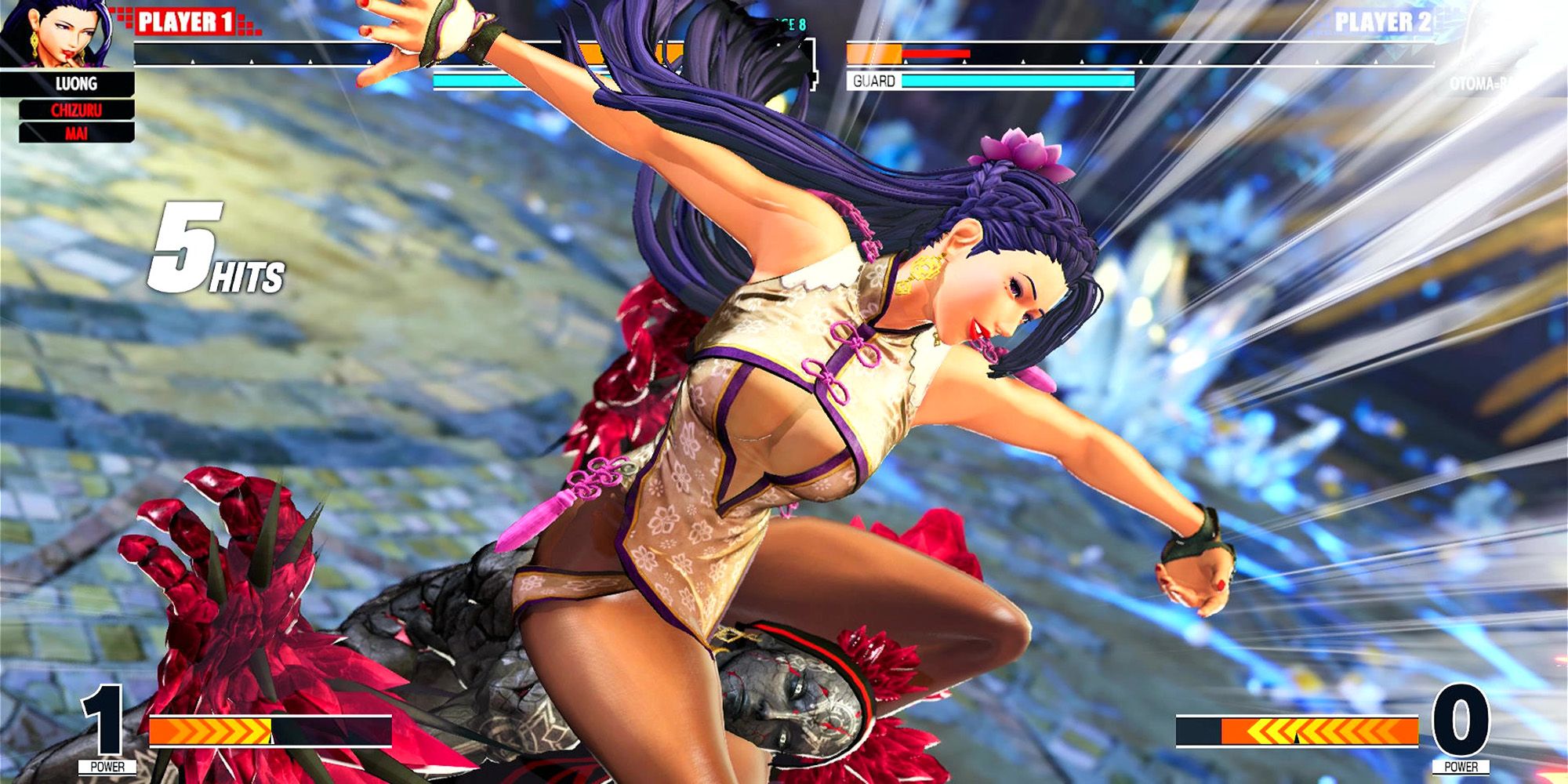 Otoma=Raga gets caught in a headlock between Luong's thighs during her Climax Super Special Move, Ben, in the Crystallization Arena. The King Of Fighters 15. 