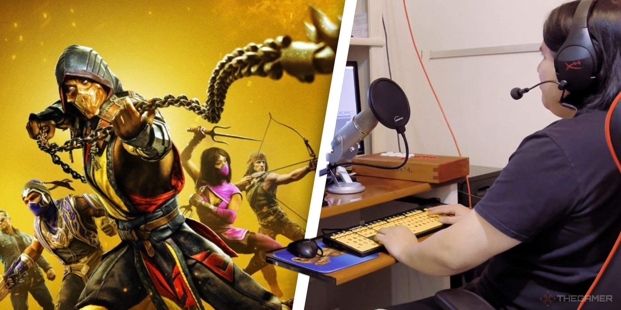 Left: An image of Mortal Kombat 11, featuring Scorpion using his spear move. Right: a streamer plays video games at a PC
