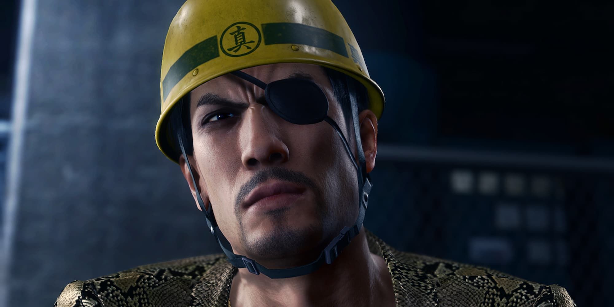 Close up of Majima wearing a hard hat