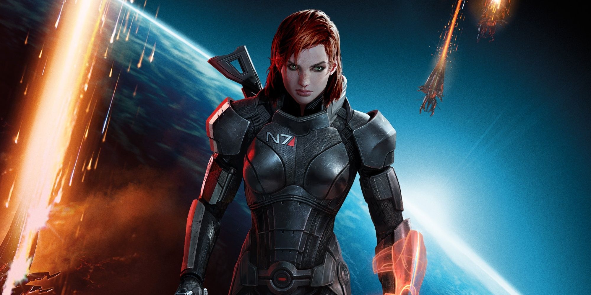 Mass Effect 3 Female Shepard artwork posing in front of Earth while Reapers attack