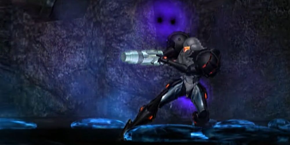 Metroid Prime: Samus aims her arm-canon while in the Phazon Suit