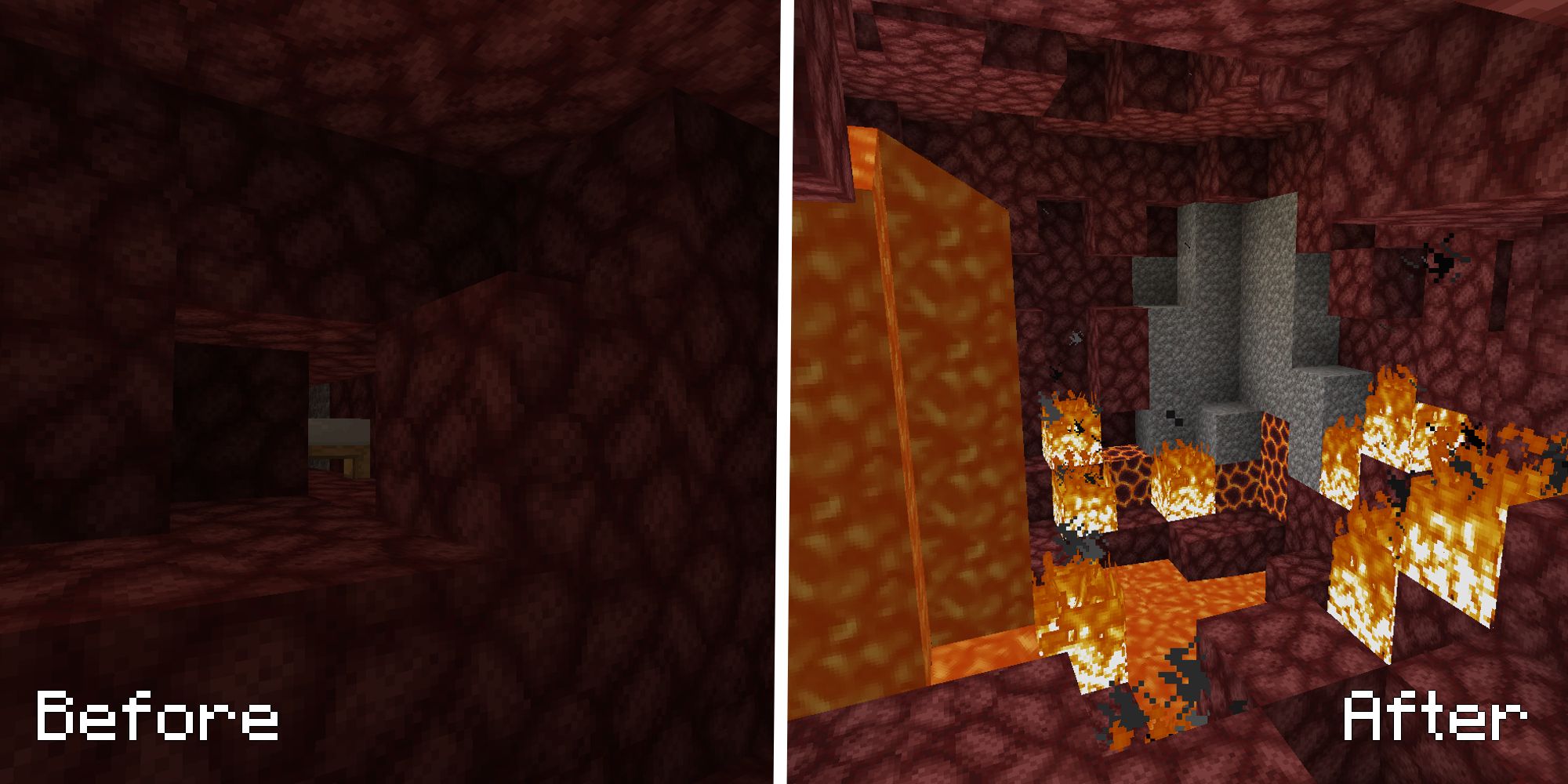 before and after blowing up a bed in the nether