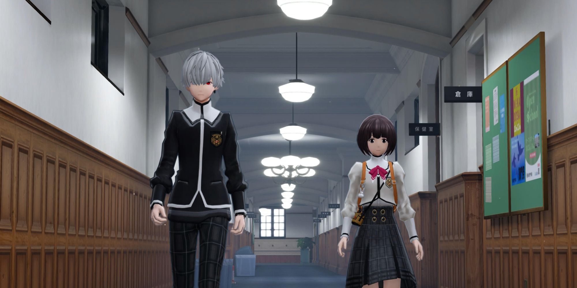 a shot of Monark's protagonist and Chiyo walking down a school corridor