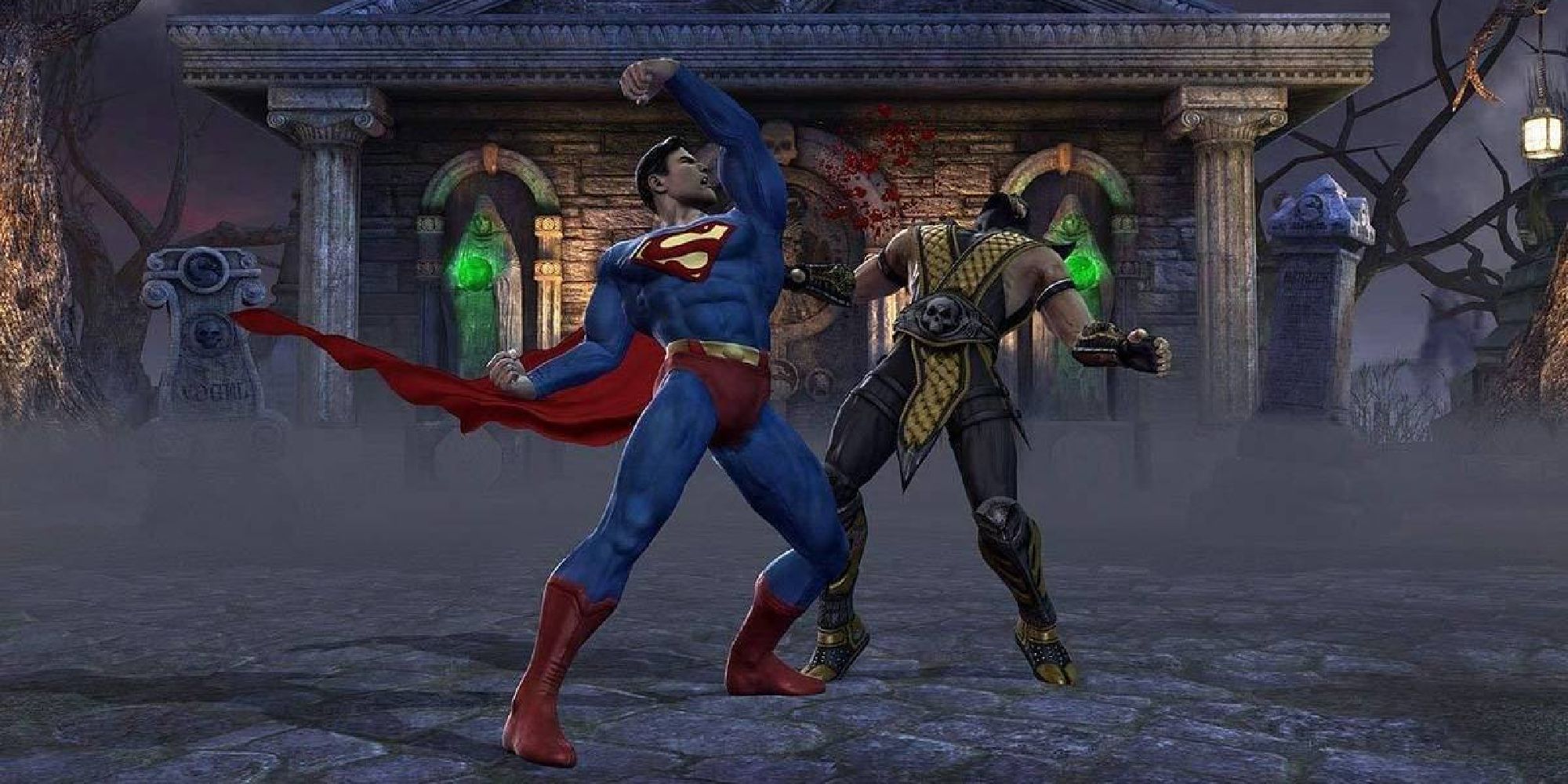 Superman performing an uppercut on Scorpion, with particles of blood splattering from Scorpion's face.
