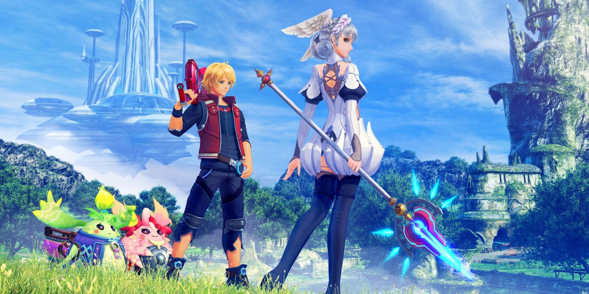 A promotional image for the DLC Xenoblade Chronicles: Definitive Edition - Future Connected featuring Shulk, Melia, Nene and Kino from the game