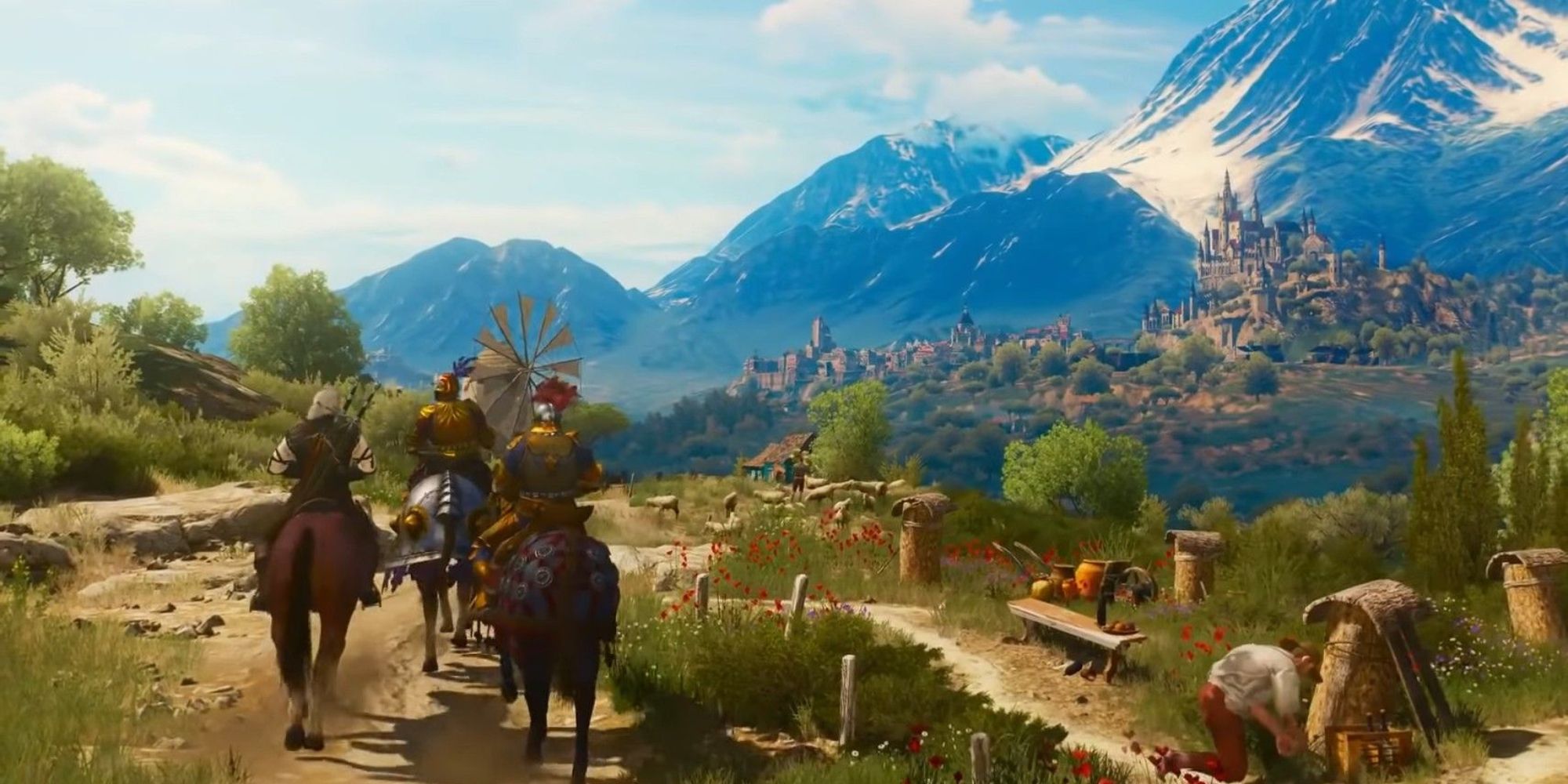 A wide angle shot from The Witcher 3 Blood and Wine of Geralt and some soldiers riding towards Beauclair