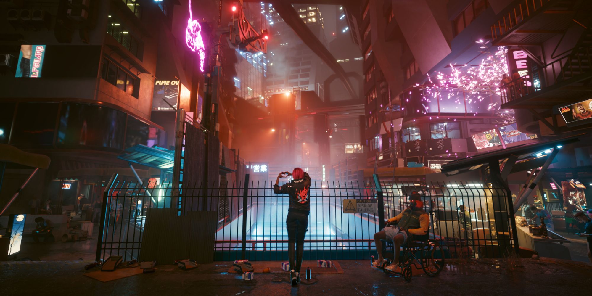 a wide angle shot of V from Cyberpunk 2077 posing in front of a cityscape at night 