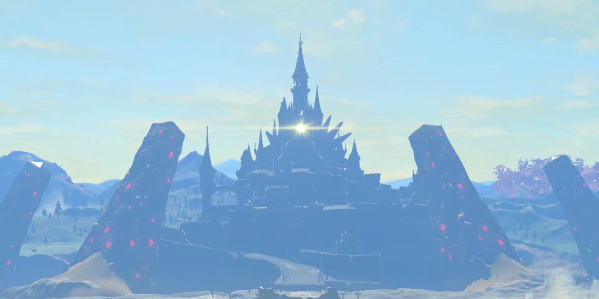 a wide angle shot of Hyrule Castle from Breath of the Wild surrounded by giant pillars with a shining light coming from its centre