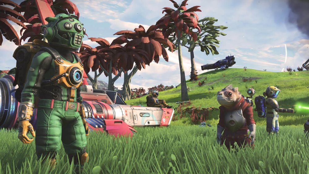 No Man's Sky Explorers Standing In A Lush Green Field