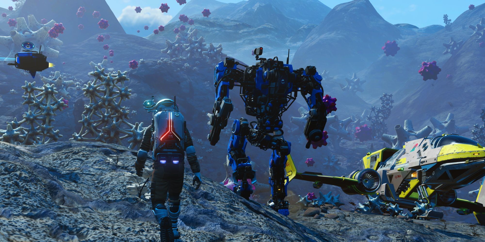 No Mans Sky screenshot of a large robot walker on a strange planet